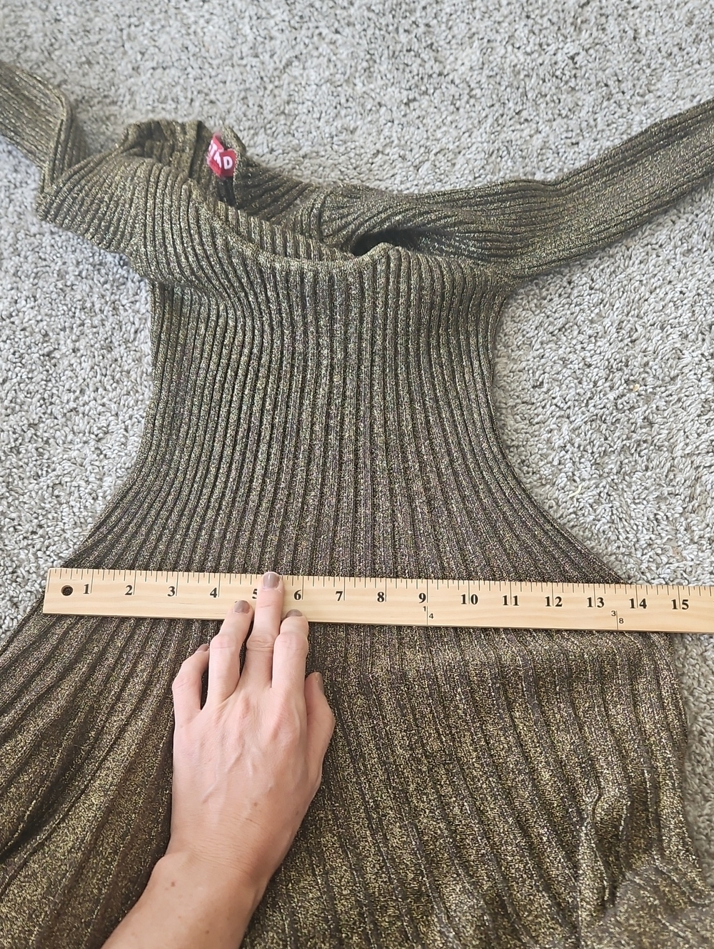 STAUD Gold Metallic Ribbed Long-Sleeve Fit-and-Flare Mini Dress L - Picture 8 of 11